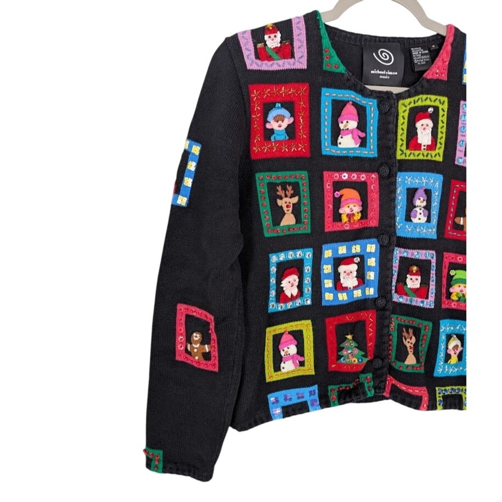 Michael Simon Christmas Cardigan Black M Beaded Window Applique 2001 Y2K - Picture 4 of 10